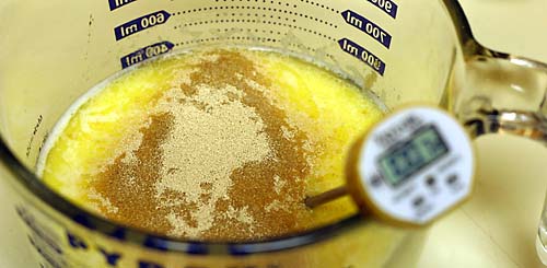 The yeast in american sandwich bread being mixed with the butter and milk