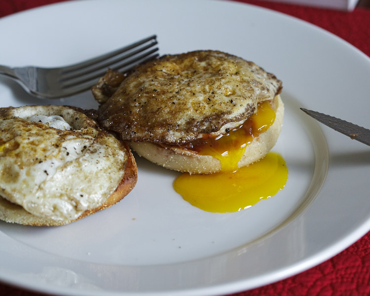 Fried eggs on an English muffin, the prefect breakfast for a weekend morning